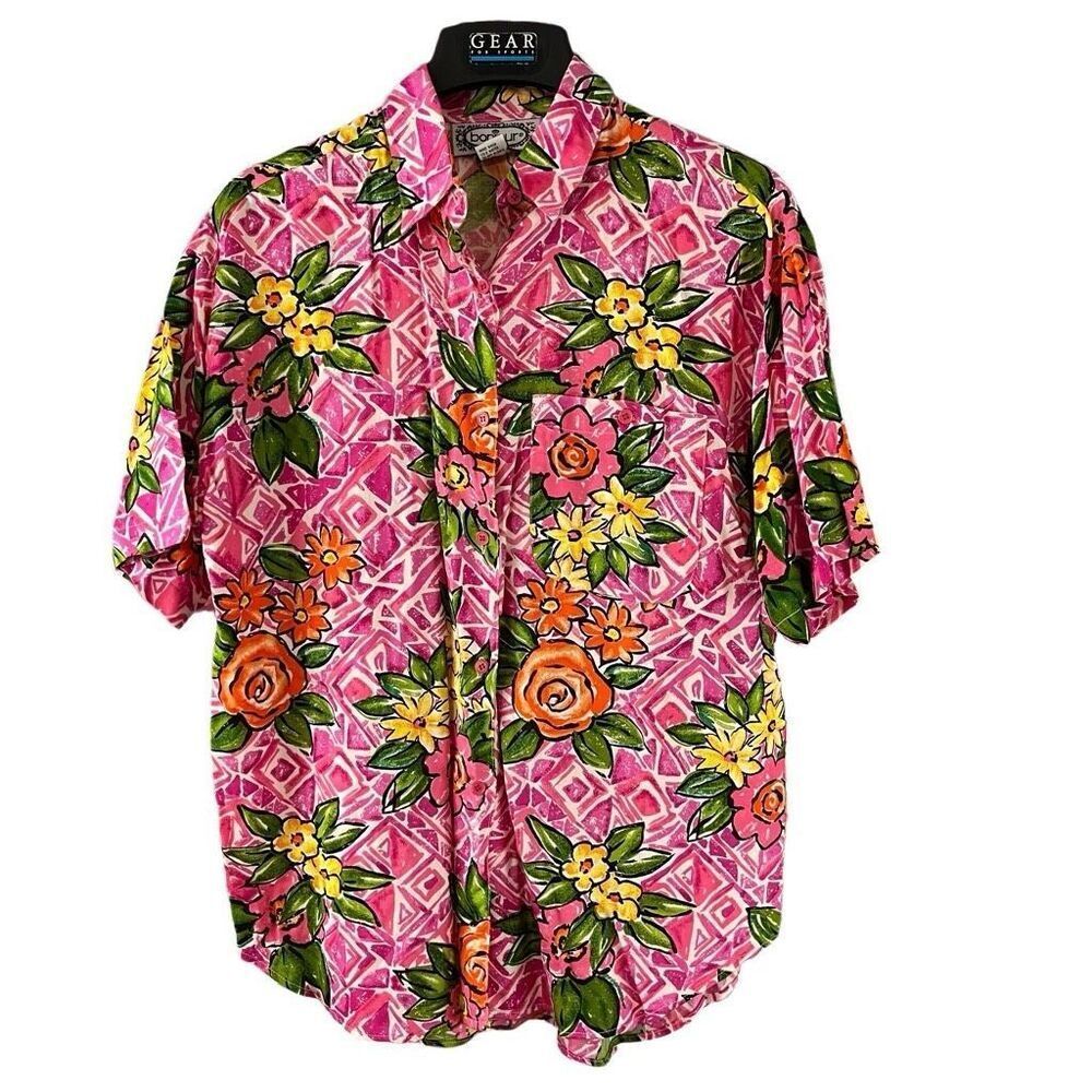 Vintage Bonjour Floral Print Short Sleeve Pocket Button Down Shirt Size Medium R